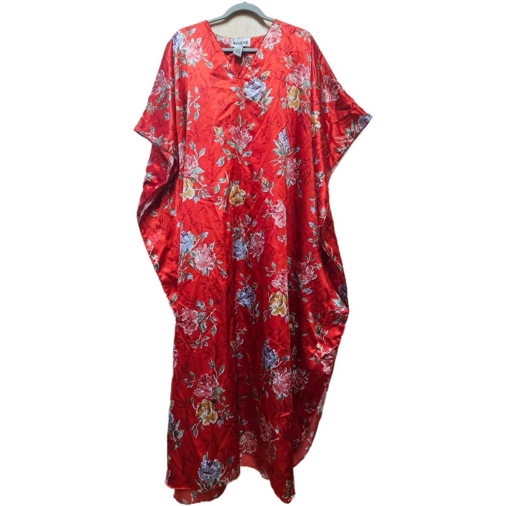 Vintage Winlar Red Floral Satin Kaftan V-Neck Maxi Loungewear One Size Fits Most